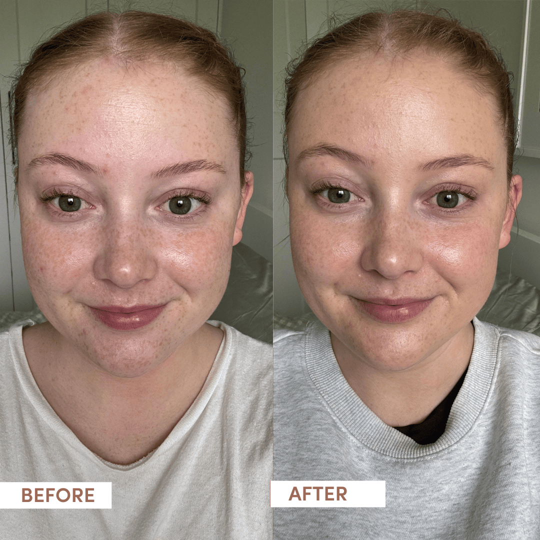 Before and after comparison of a person with visible makeup changes.