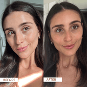 Before and after comparison of a woman's face with visible makeup changes.