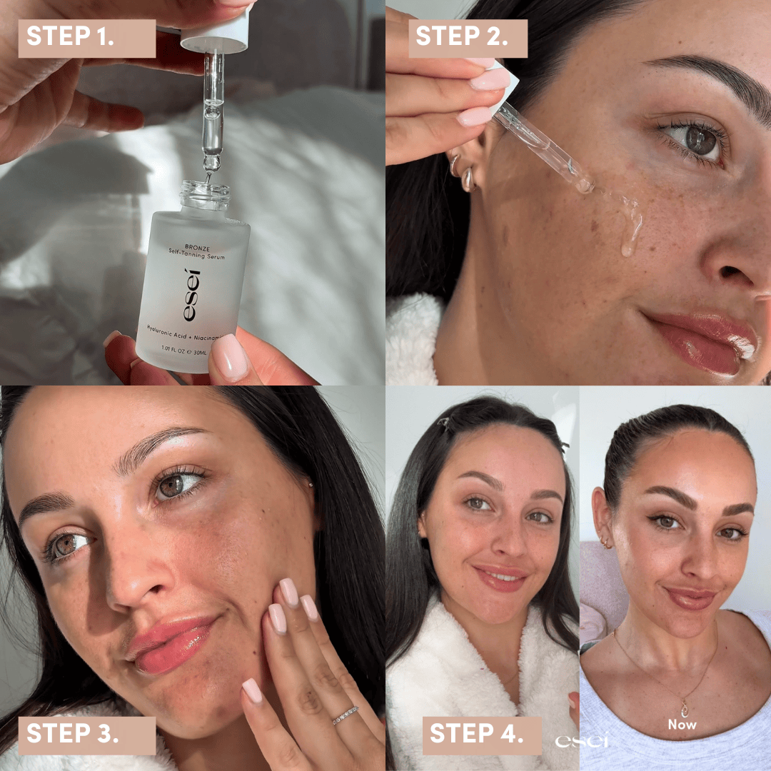 Step-by-step skincare routine with a woman applying a serum to her face.